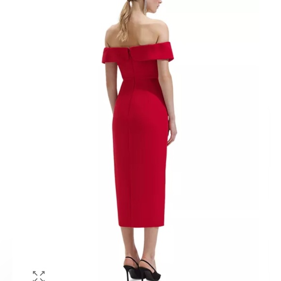 Self-Portrait Red Crepe Bow Midi Dress Size 8 NWT Off-Shoulder Side Slit - Picture 12 of 14